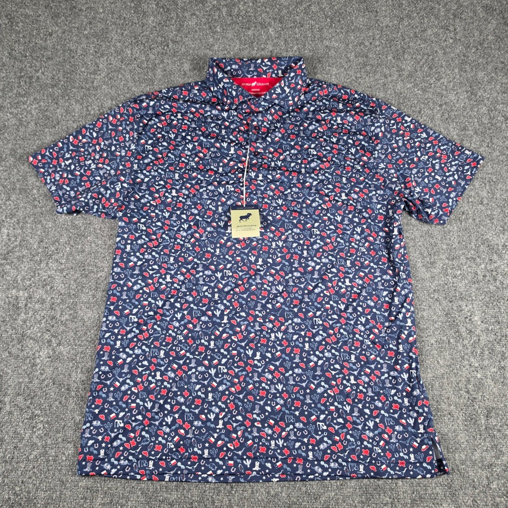 Horn Legend Polo Shirt Mens M Navy Texas Print Bamboo Charcoal Luxury NWT - Picture 2 of 7